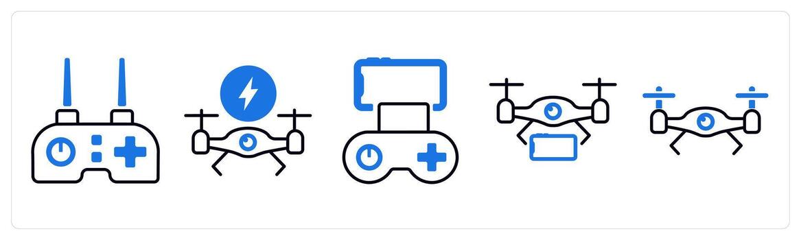 A set of 5 mix icons as drone controller, charging drone, delivery drone in blue color vector
