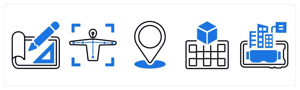 A set of 5 mix icons as projection mapping, motion capture, navigation in blue color vector