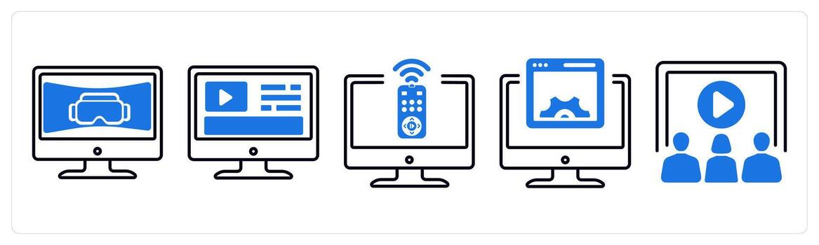 A set of 5 mix icons as vr screen, content, control devices in blue color vector