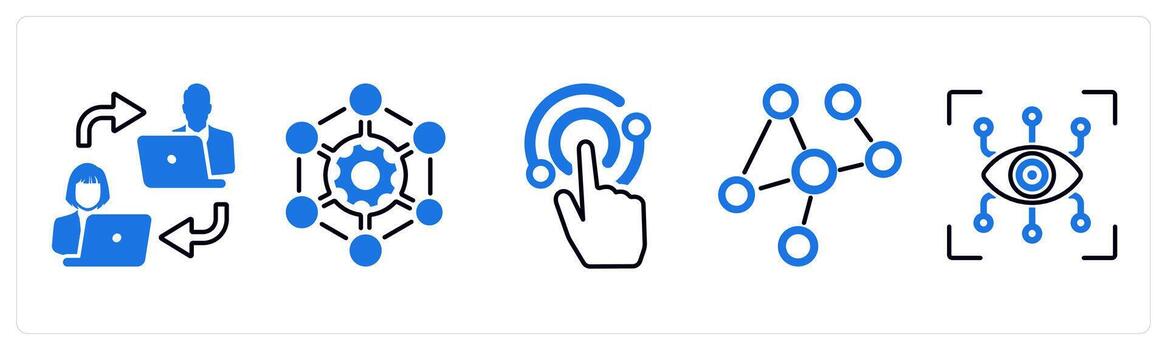 A set of 5 mix icons as communication, framework, interaction in blue color vector