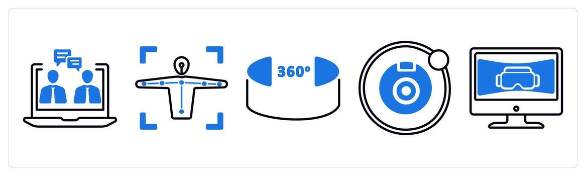 A set of 5 mix icons as telepresence, motion capture, 360 view in blue color vector