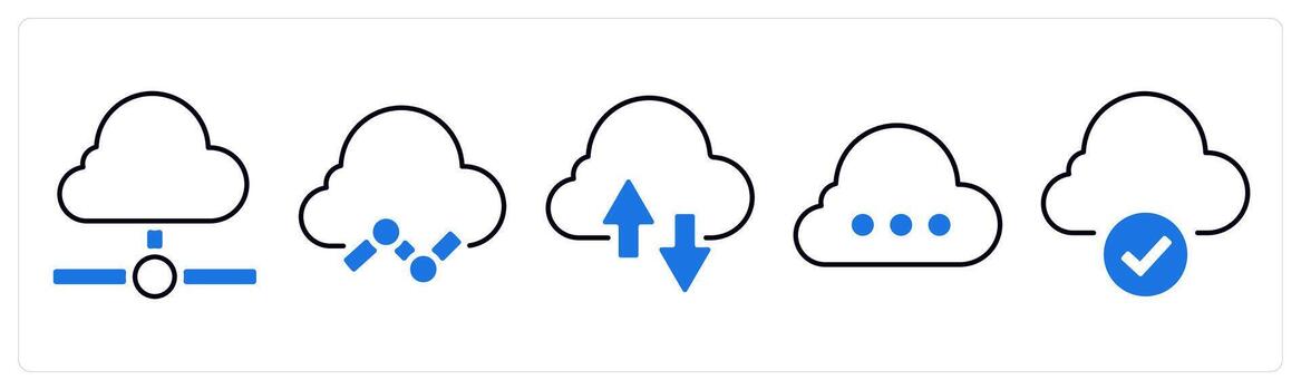 A set of 5 mix icons as cloud, cloud data, cloud upload download in blue color vector