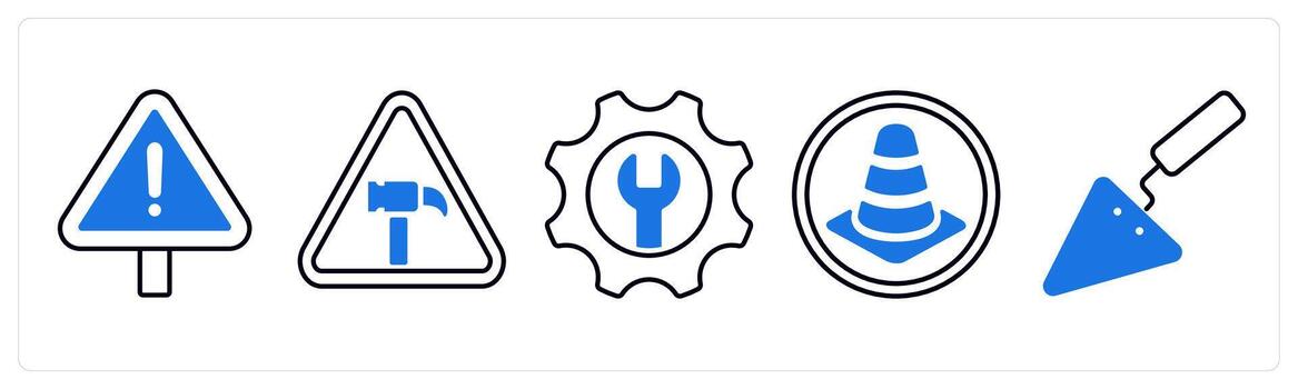 A set of 5 mix icons as alert, hammer, tools in blue color vector