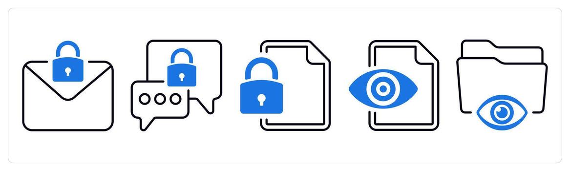 A set of 5 mix icons as email protection, encrypted message, file protection in blue color vector
