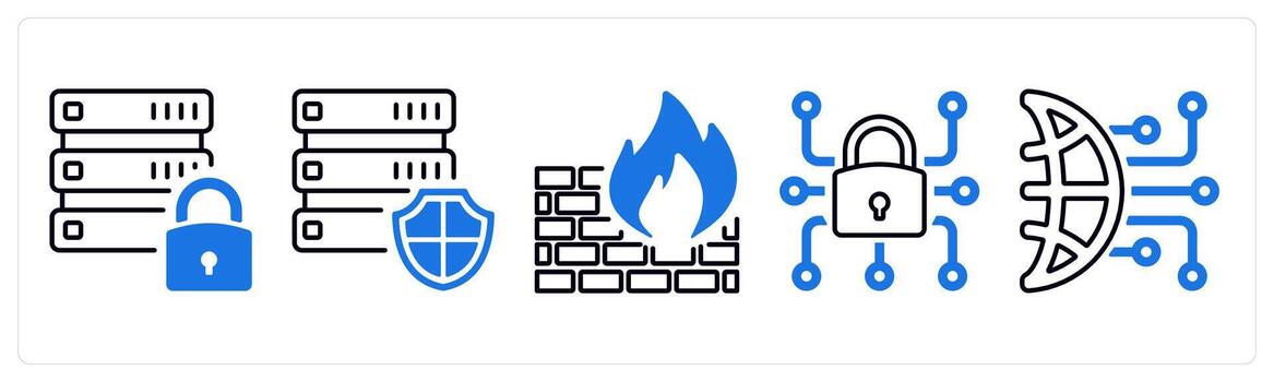 un conjunto de 5 5 mezcla íconos como base de datos seguridad, cortafuegos, datos bloquear en azul color vector