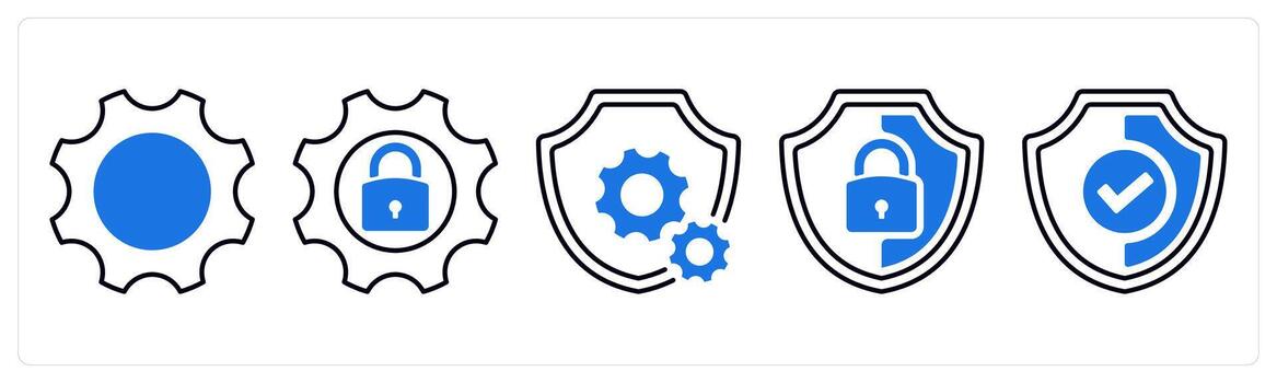A set of 5 mix icons as gear, security settings, security password in blue color vector