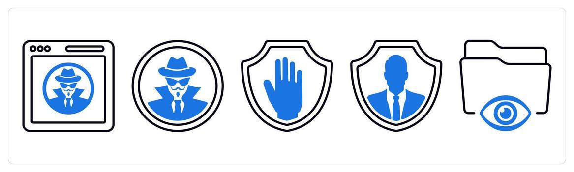 A set of 5 mix icons as spy, hacker, shield in blue color vector