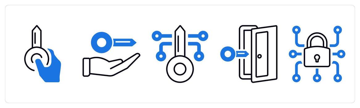 A set of 5 mix icons as access key, key security, door key in blue color vector