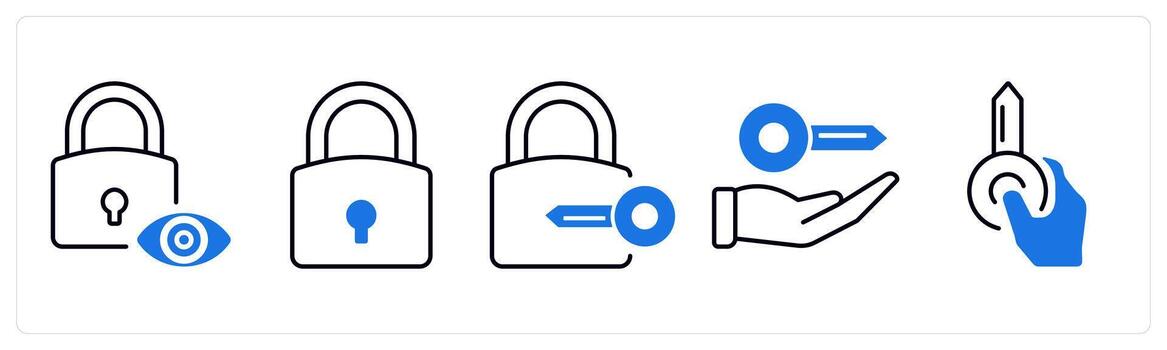 A set of 5 mix icons as lock, lock key, access key in blue color vector