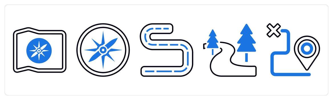 A set of 5 mix icons as navigation, compass, route in blue color vector