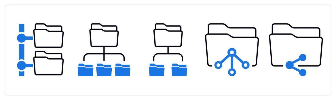 A set of 5 mix icons as folder tree, subfolder, share folder in blue color vector