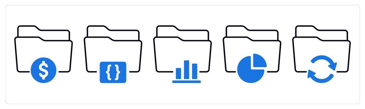 A set of 5 mix icons as finance folder, folder code, statistics in blue color vector