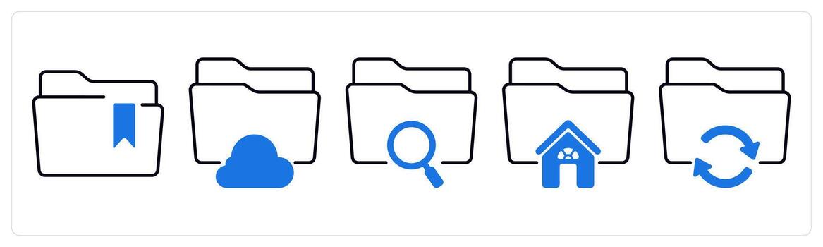 A set of 5 mix icons as bookmark folder, cloud folder, search folder in blue color vector