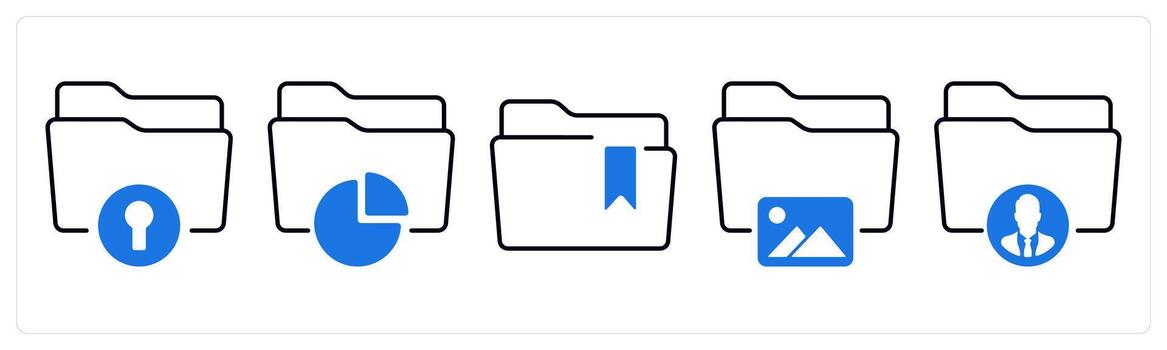 A set of 5 mix icons as secured folder, data folder, bookmark folder in blue color vector
