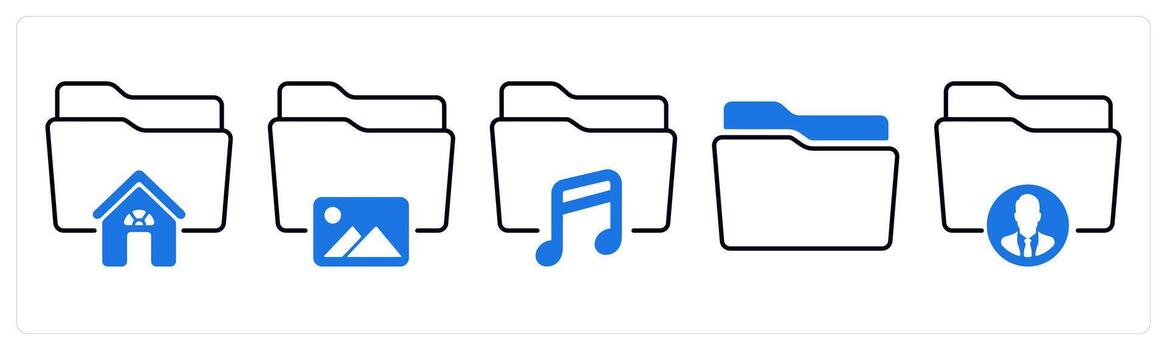 A set of 5 mix icons as home folder, image folder, music folder in blue color vector