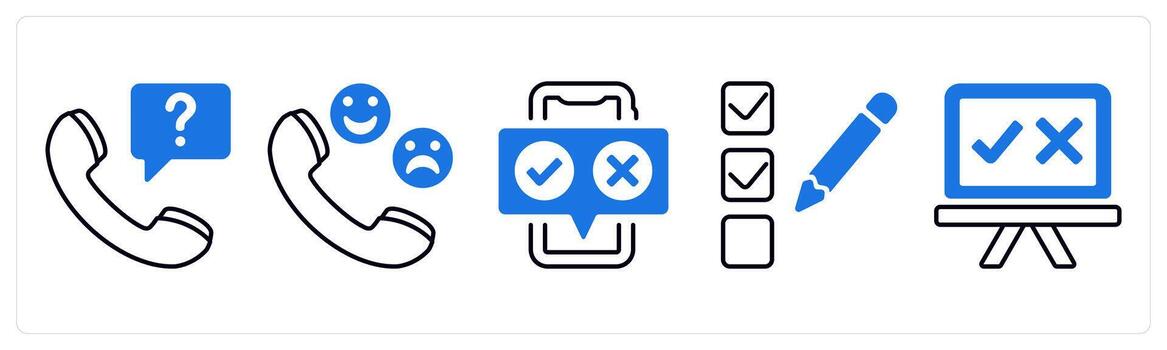 A set of 5 mix icons as interview, call survey, mobile feedback in blue color vector