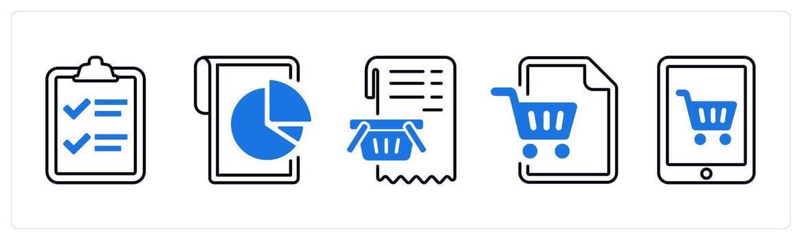 A set of 5 mix icons as item list, data, cart item in blue color vector