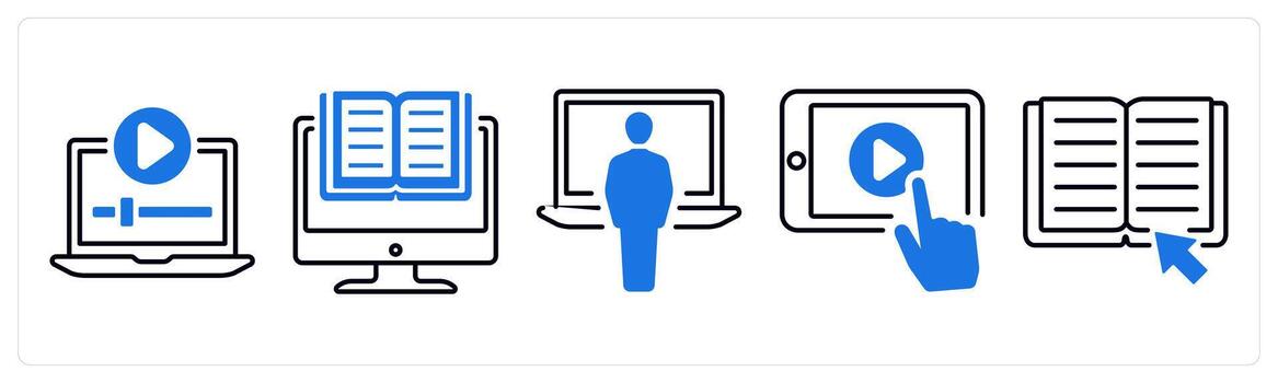 A set of 5 mix icons as online lecture, e learning, online course in blue color vector