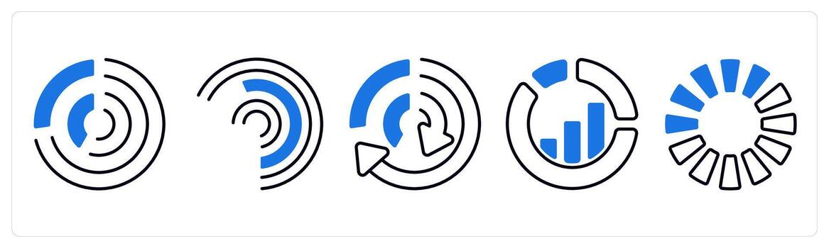 A set of 5 mix icons as pie chart, analysis, comparison in blue color vector