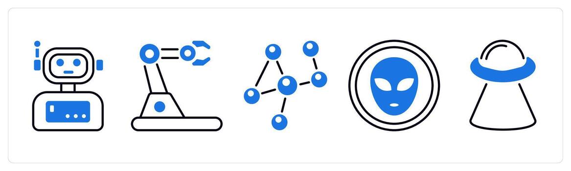 A set of 5 mix icons as robot, robotics, atom in blue color vector