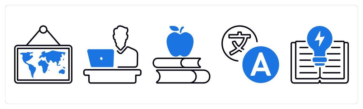 A set of 5 mix icons as map, desk, library in blue color vector