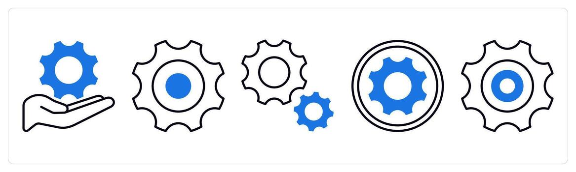 A set of 5 mix icons as setting, gear, optimization in blue color vector