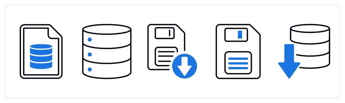 A set of 5 mix icons as server document, database server, download floppy in blue color vector
