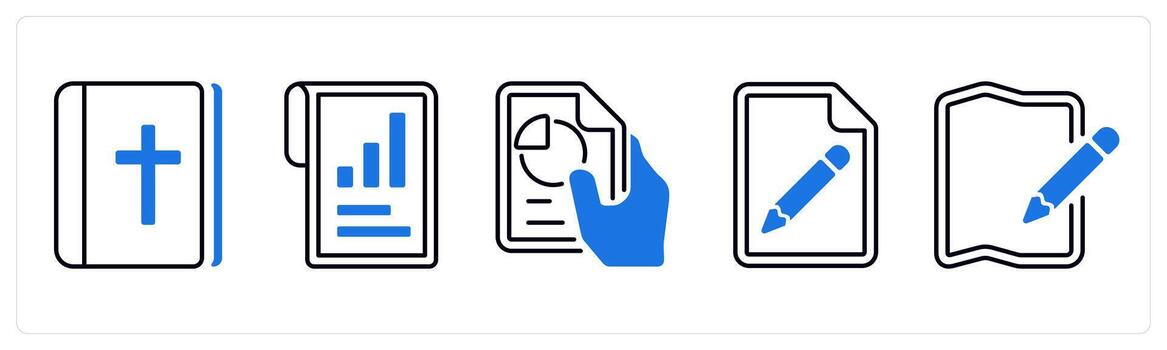 A set of 5 mix icons as holybook, performance, pie chart in blue color vector