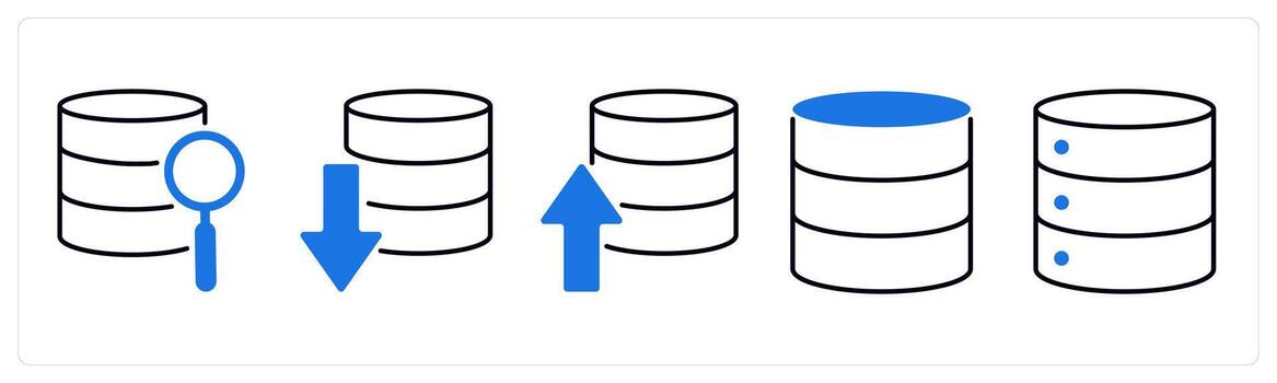 A set of 5 mix icons as search database, download server, upload server in blue color vector