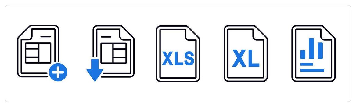 un conjunto de 5 5 mezcla íconos como añadir hoja, descargar sobresalir hoja, sobresalir sábana en azul color vector