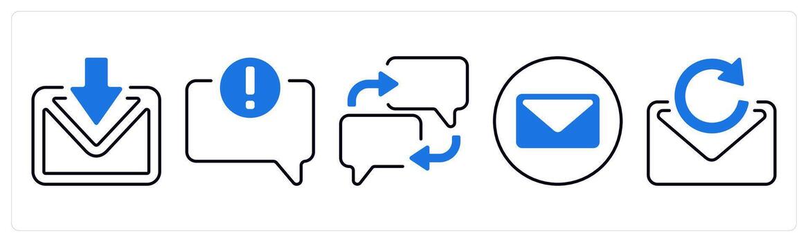 A set of 5 mix icons as received mail, error in comment, communication in blue color vector