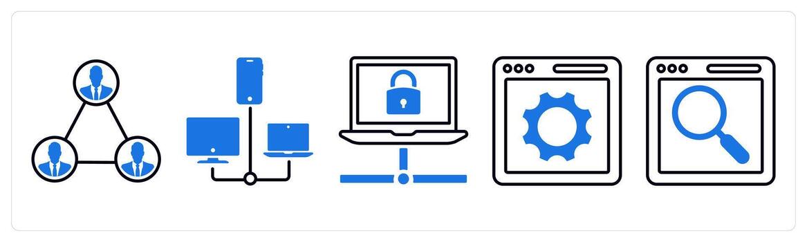 A set of 5 mix icons as network, connection, webpage settings in blue color vector
