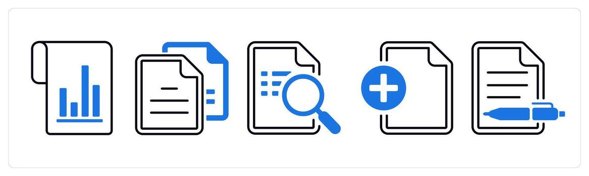A set of 5 mix icons as flow chart, duplicate copy, search document in blue color vector