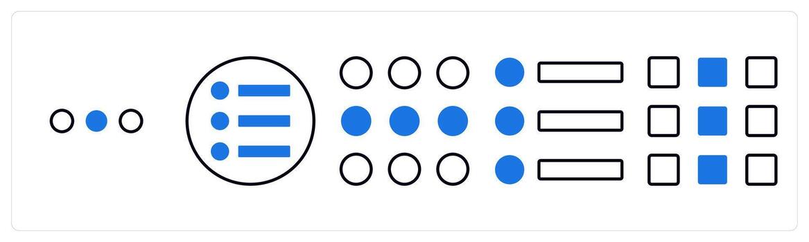 A set of 5 mix icons as dots, bullet list, dots grid in blue color vector