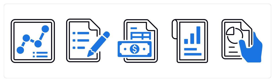 A set of 5 mix icons as growth chart, text document, invoice in blue color vector