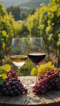 Wine glasses with grapes in vineyard photo
