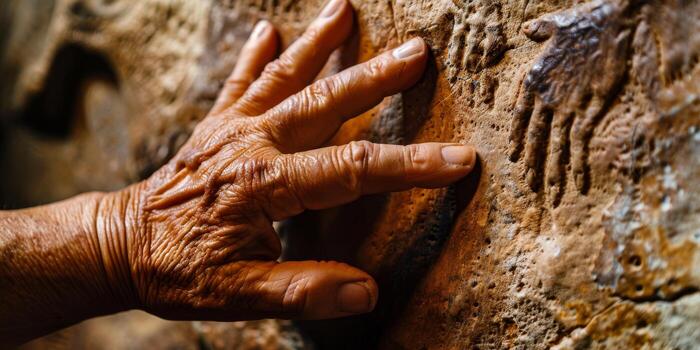 Senior archaeologist touching ancient handprints on cave wall photo