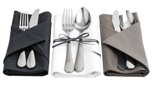 Folded napkins with silverware arranged for a formal setting isolated on a transparent background. png