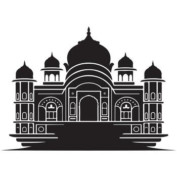 Black silhouette of a grand building with multiple domes and arched windows architecture vector