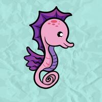dibujos animados mano dibujado contento rosado bebé mar caballo sonriente en aislado papel azul antecedentes. personaje de el mar animales para el logo, mascota, diseño vector
