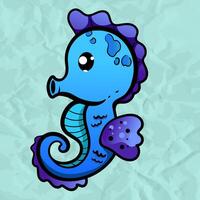dibujos animados mano dibujado contento bebé mar caballo púrpura azul sonriente en aislado papel azul antecedentes. personaje de el mar animales para el logo, mascota, diseño vector