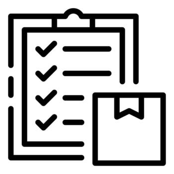 A minimalistic line art depicts a clipboard and package, the checklist items marked with completion and the box suggesting a parcel is ready to be shipped. vector