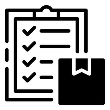 A modern monochrome icon illustrates a clipboard with a checklist and a parcel, symbolizing inventory management, shipping, or task completion in a simple style. vector