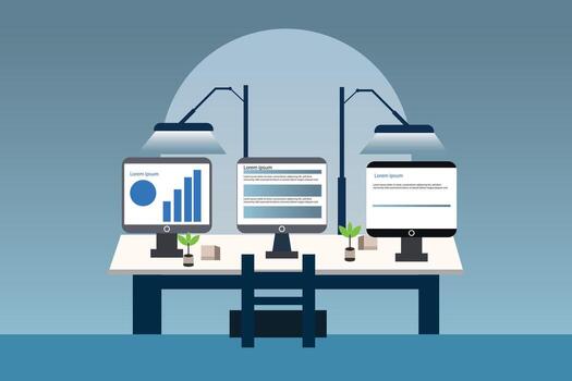 modern workspace with computers and plants vector