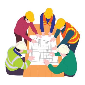 Construction workers and engineers wearing helmets gathered around table to analyze building blueprint plan during team meeting for architecture project coordination and planning vector