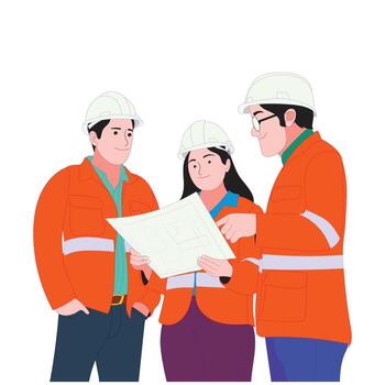Team of two engineers and one construction worker reviewing building blueprint plan together during a project meeting. Coordination teamwork and planning in construction field vector
