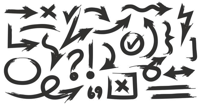 Hand drawn various arrows, marks, pointer, brushes, line vector