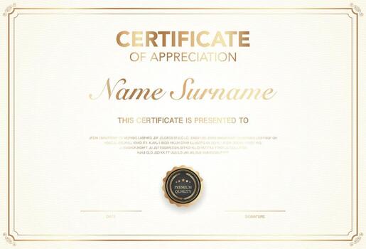 Elegant certificate of appreciation template with classic gold border, premium quality badge customizable name, date, and signature section. Ideal for awards, recognition, or achievement. vector