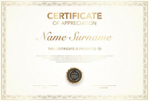 Elegant certificate of appreciation template with classic gold border, premium quality badge, customizable name, date, and signature section. Ideal for awards, recognition or achievement. vector