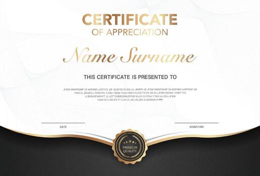 Modern certificate of appreciation template with elegant gold and black design, premium quality badge, customizable name and signature area, perfect for awards achievement or recognition. vector